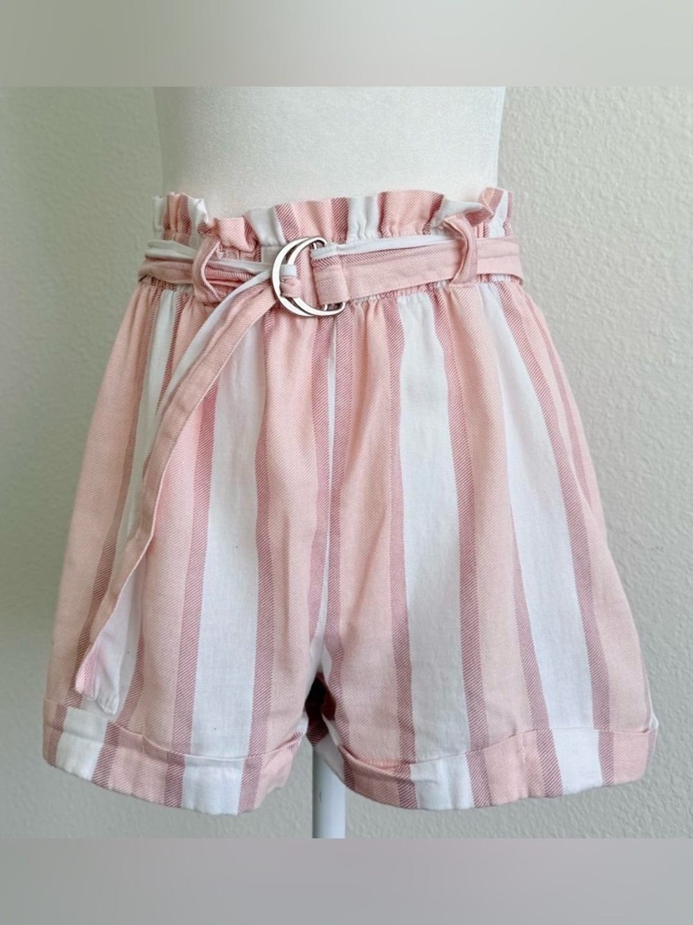 Pink & White Striped Paperbag Waist Shorts | 100% Cotton | Size L Coastal Summer